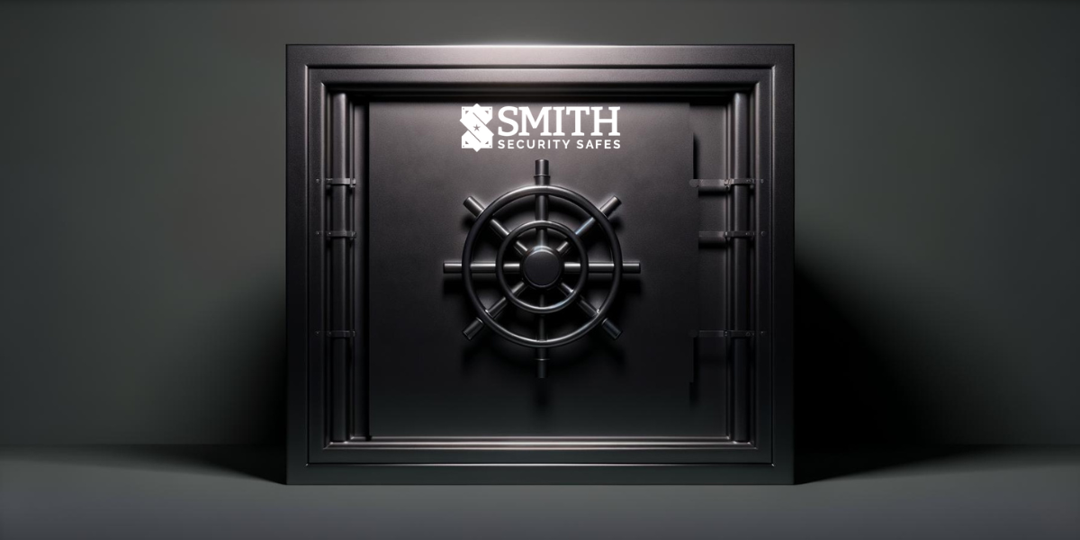 A large black vault door against a black wall with a white Smith Security Safes logo.
